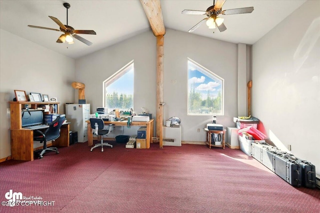 carpeted office featuring ceiling fan