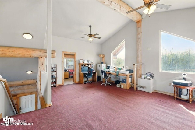 carpeted office space featuring a ceiling fan and baseboards
