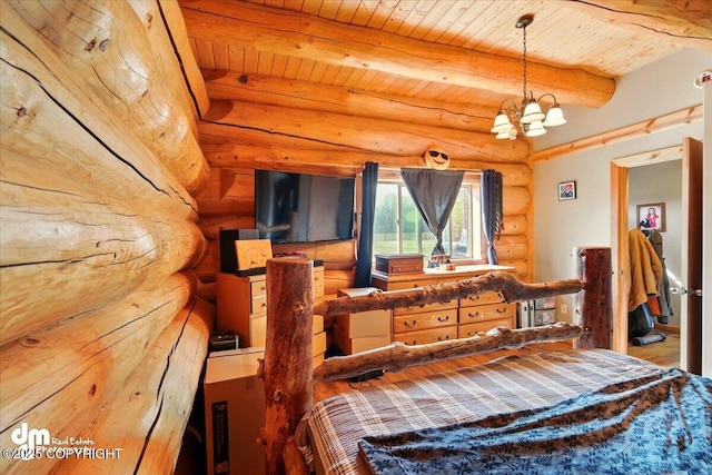 bedroom featuring log walls, wood ceiling, beam ceiling, a chandelier, and wood finished floors