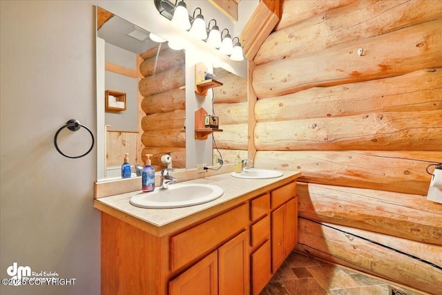 full bathroom with rustic walls and double vanity