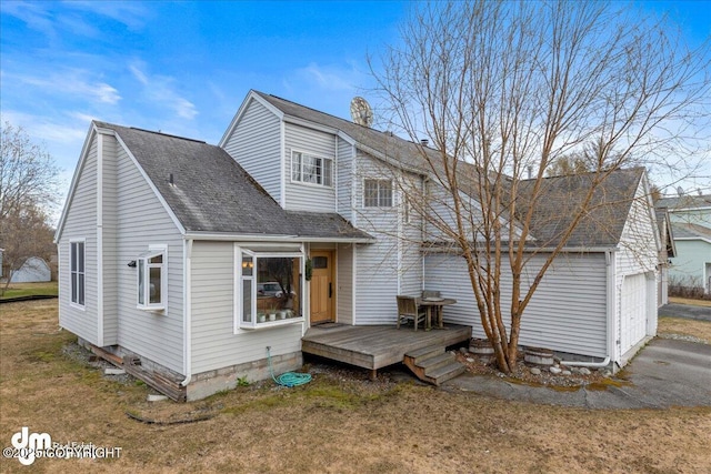 10613 Washington Cir, Anchorage, AK 99515 - back of property featuring a shingled roof, a deck, a chimney, a garage, and a yard