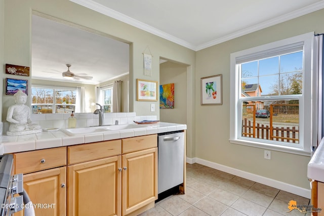 1008 Cordova St, Anchorage, AK 99501 - kitchen featuring stainless steel dishwasher, a sink, ornamental molding, light brown cabinetry, and tile counters