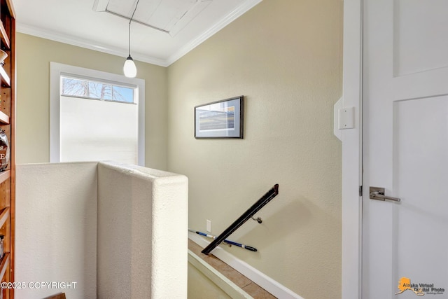 1008 Cordova St, Anchorage, AK 99501 - staircase featuring attic access and ornamental molding