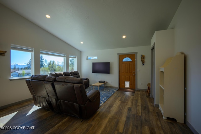 876 Lupine Ct, Homer, AK 99603 - living room with lofted ceiling, wood finished floors, recessed lighting, and baseboards