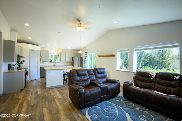 876 Lupine Ct, Homer, AK 99603 - living area featuring dark wood-style flooring, ceiling fan, vaulted ceiling, and recessed lighting