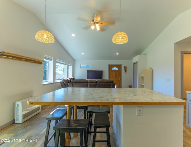 876 Lupine Ct, Homer, AK 99603 - kitchen featuring lofted ceiling, wood finished floors, ceiling fan, recessed lighting, and pendant lighting