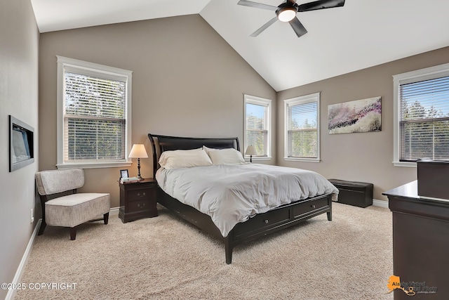 10588 E Nighthawk Cir, Palmer, AK 99645 - bedroom featuring carpet flooring, vaulted ceiling, baseboards, and ceiling fan