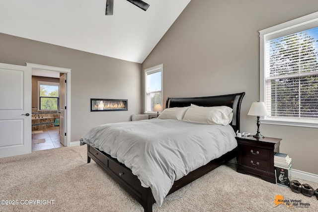 10588 E Nighthawk Cir, Palmer, AK 99645 - carpeted bedroom featuring baseboards, vaulted ceiling, and ensuite bathroom