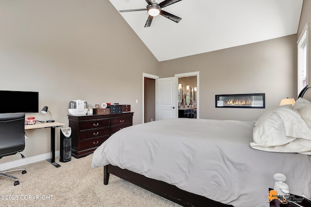 10588 E Nighthawk Cir, Palmer, AK 99645 - bedroom with light carpet, baseboards, an office area, a ceiling fan, and ensuite bath