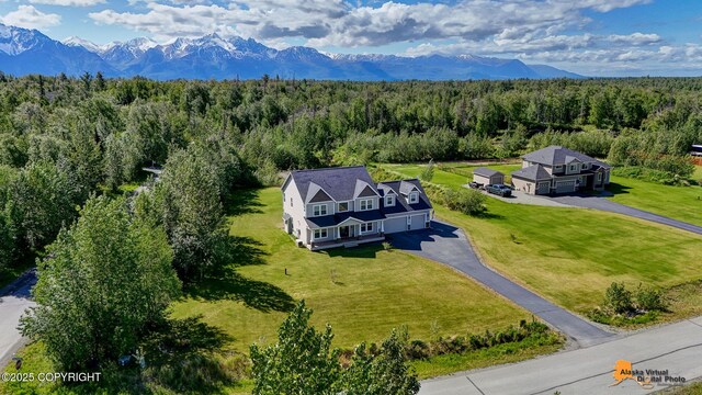 10588 E Nighthawk Cir, Palmer, AK 99645 - aerial view of property and surrounding area with a heavily wooded area and a mountainous background
