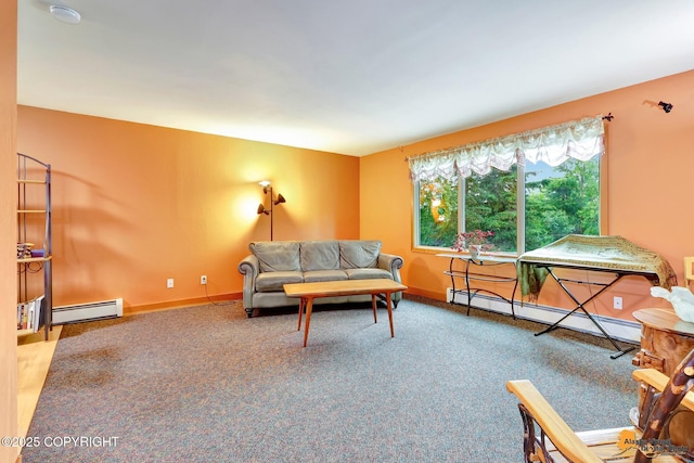 11721 Wranglers Way, Anchorage, AK 99516 - living area with baseboard heating, a baseboard heating unit, and carpet flooring