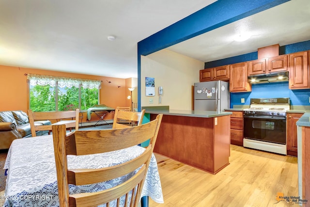 11721 Wranglers Way, Anchorage, AK 99516 - kitchen featuring white range, freestanding refrigerator, under cabinet range hood, light wood-style flooring, and light countertops