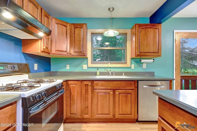 11721 Wranglers Way, Anchorage, AK 99516 - kitchen featuring white gas range oven, stainless steel dishwasher, under cabinet range hood, and brown cabinetry
