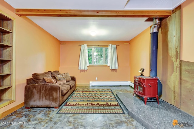 11721 Wranglers Way, Anchorage, AK 99516 - living room with a baseboard heating unit, a wood stove, and beam ceiling