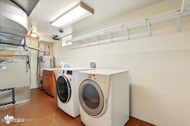 laundry room with independent washer and dryer, cabinet space, and water heater