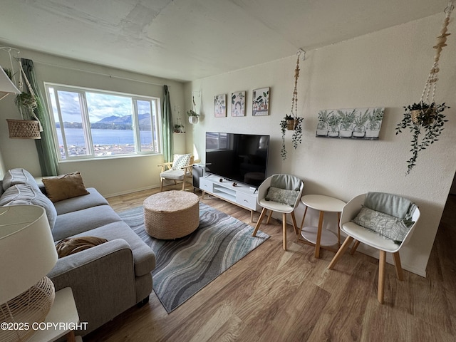 living area with wood finished floors and baseboards