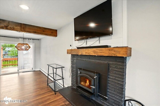 1831 S Salem Dr, Anchorage, AK 99508 - detailed view of wood finished floors, beamed ceiling, and a stone fireplace