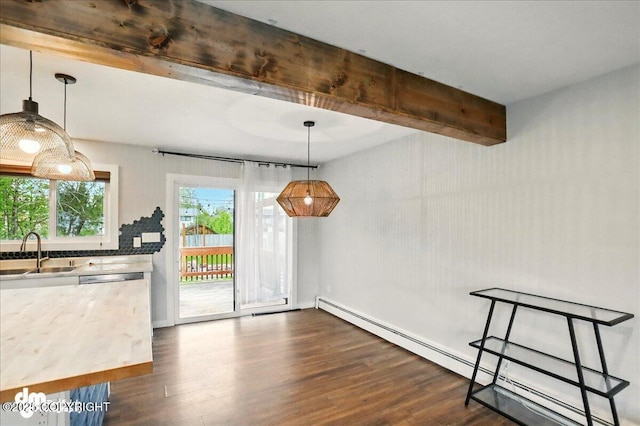 1831 S Salem Dr, Anchorage, AK 99508 - unfurnished dining area with a sink, a baseboard radiator, dark wood-style flooring, and beamed ceiling