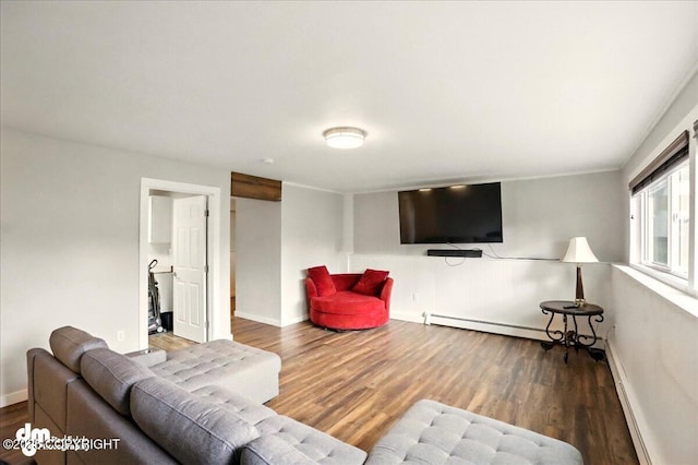 1831 S Salem Dr, Anchorage, AK 99508 - living room featuring baseboard heating, baseboards, and wood finished floors