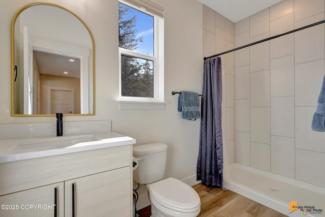 8236 Byron Dr, Anchorage, AK 99516 - full bath featuring toilet, wood finished floors, a shower with shower curtain, vanity, and baseboards