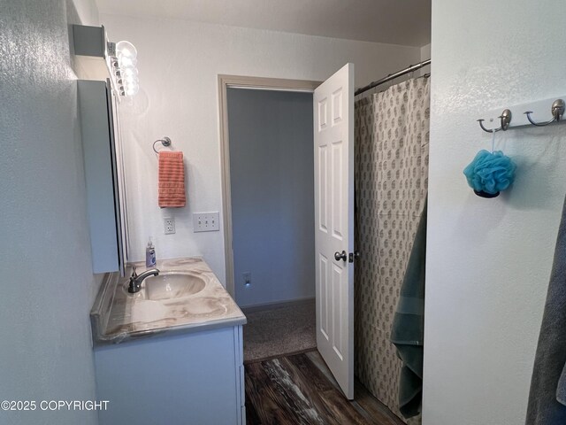 981 E Susitna Dr, Wasilla, AK 99654 - full bath featuring wood finished floors, double vanity, and curtained shower