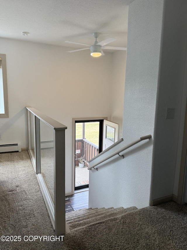 981 E Susitna Dr, Wasilla, AK 99654 - stairs with a baseboard radiator, carpet floors, a ceiling fan, and baseboard heating