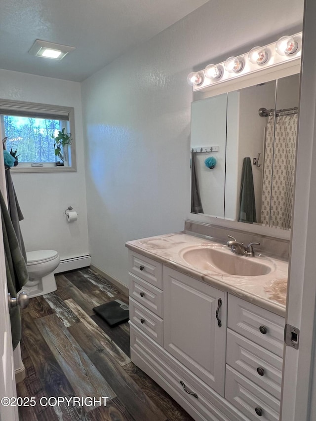 981 E Susitna Dr, Wasilla, AK 99654 - full bath featuring wood finished floors, a baseboard radiator, toilet, and vanity