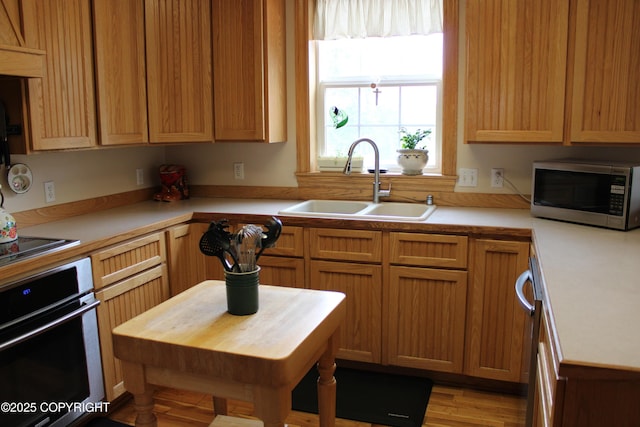 kitchen with stainless steel appliances, a sink, and light countertops