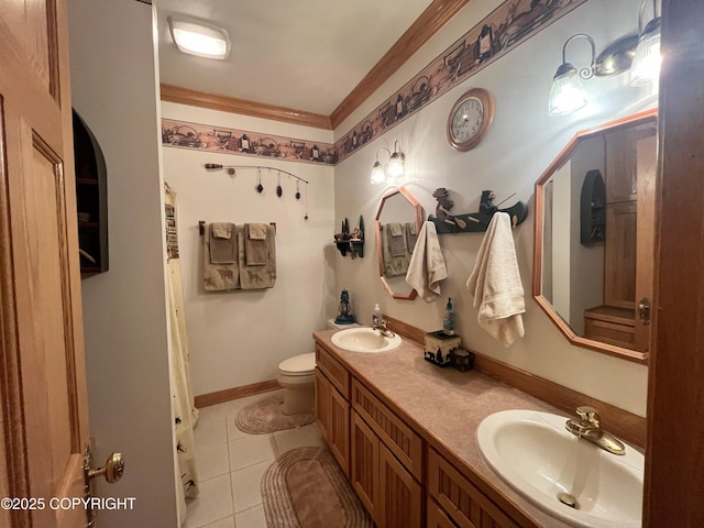 full bath with crown molding, tile patterned flooring, toilet, and double vanity
