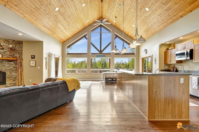 living area featuring dark wood-style floors, plenty of natural light, high vaulted ceiling, a wood stove, and wood ceiling