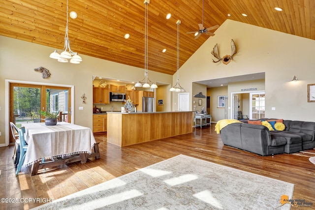 living room featuring high vaulted ceiling, plenty of natural light, wooden ceiling, wood finished floors, and ceiling fan