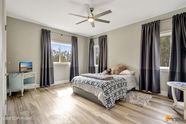 bedroom featuring wood finished floors, multiple windows, and baseboards
