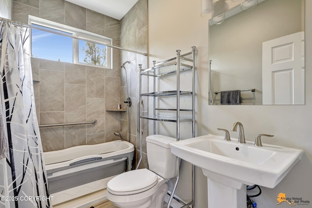 bathroom with toilet, a sink, and shower / tub combo