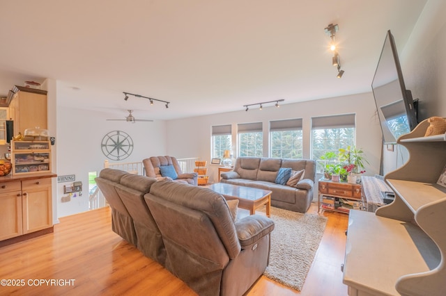 living room with rail lighting, ceiling fan, and light wood-type flooring