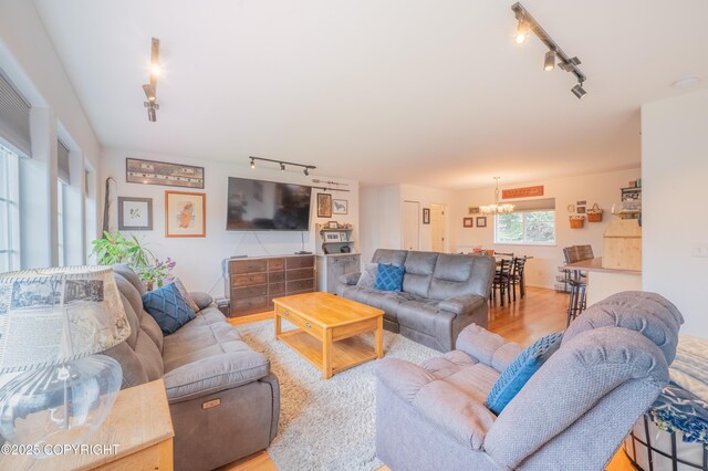 living area featuring track lighting, a chandelier, and light wood-style flooring