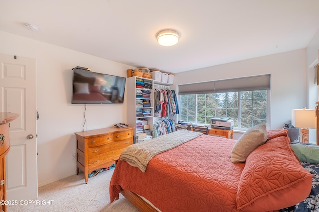 bedroom featuring light carpet and a closet