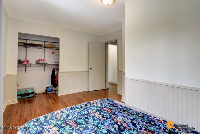 unfurnished bedroom featuring wood finished floors and a closet