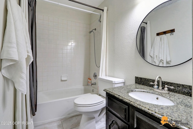bathroom with toilet, shower / bath combo with shower curtain, vanity, and tile patterned floors