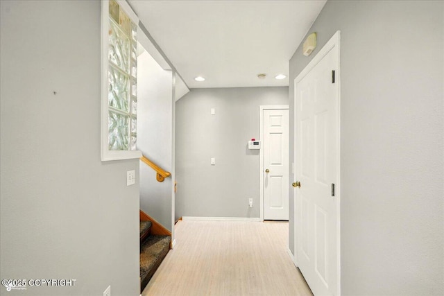 4035 S Tustin Dr, Palmer, AK 99645 - hallway with recessed lighting, baseboards, stairs, and wood finished floors