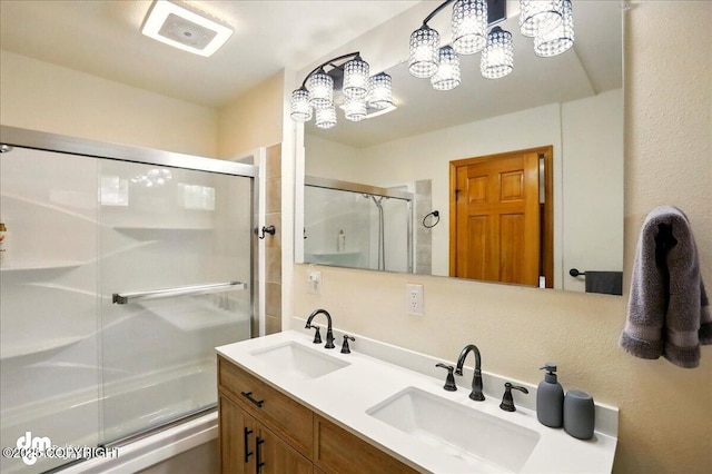 4320 Seeley Cir, Anchorage, AK 99502 - bathroom with a shower with door, double vanity, and a chandelier
