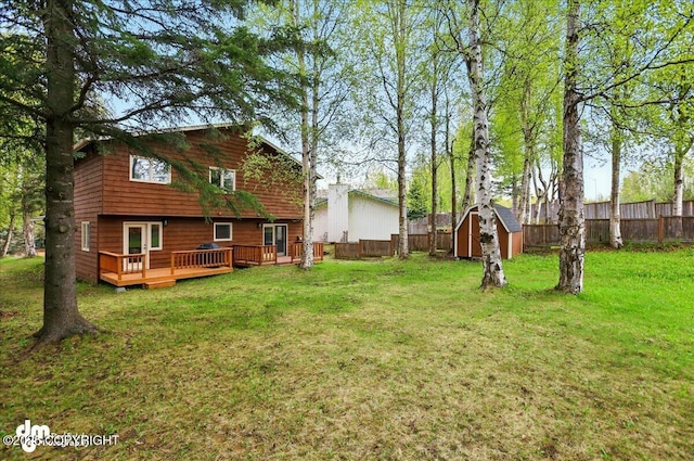 4320 Seeley Cir, Anchorage, AK 99502 - view of yard with a shed, a wooden deck, and an outbuilding