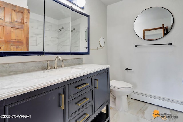 bathroom featuring marble finish flooring, baseboard heating, toilet, vanity, and a shower