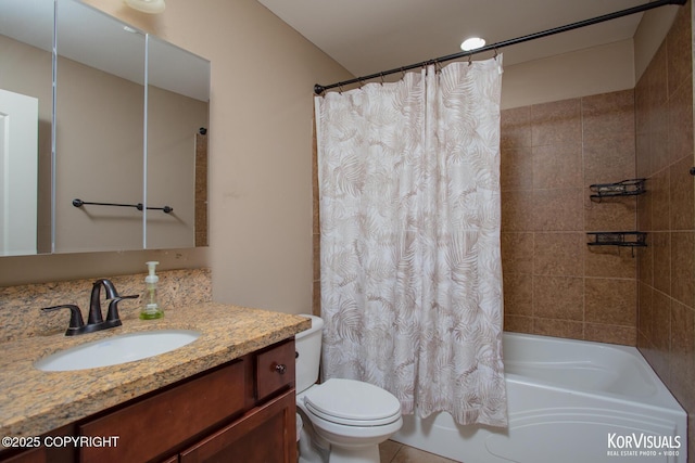 full bathroom featuring shower / bathtub combination with curtain, toilet, and vanity