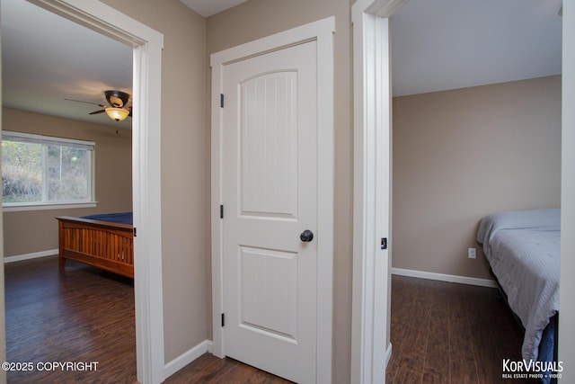 bedroom with dark wood finished floors and baseboards