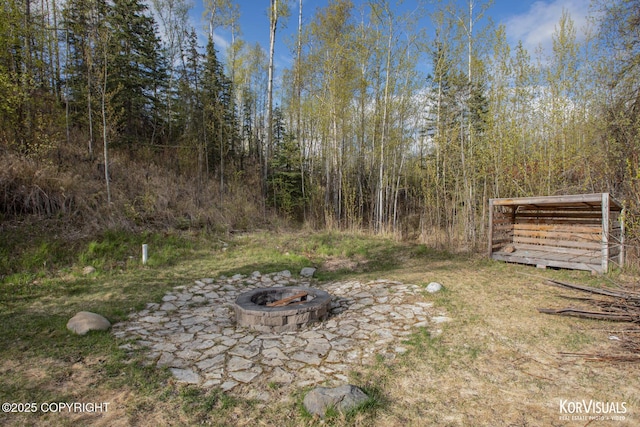 view of yard with a fire pit