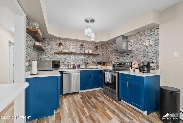 1507 W 47th Ave, Anchorage, AK 99503 - kitchen featuring blue cabinets, appliances with stainless steel finishes, wall chimney range hood, and open shelves