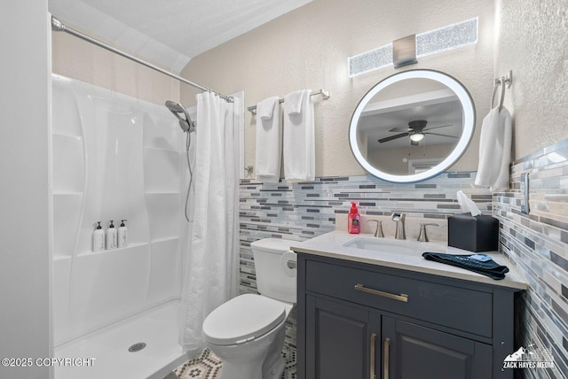 1507 W 47th Ave, Anchorage, AK 99503 - bathroom with a ceiling fan, vanity, decorative backsplash, and a shower with curtain