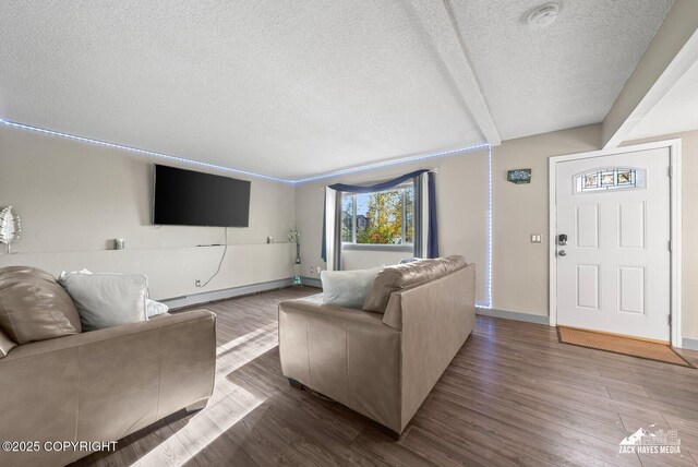 1507 W 47th Ave, Anchorage, AK 99503 - living room with a textured ceiling, dark wood-style flooring, and baseboard heating