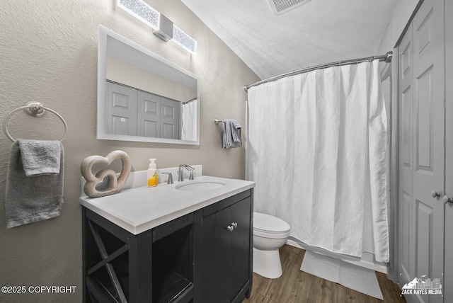 1507 W 47th Ave, Anchorage, AK 99503 - bathroom featuring a textured wall, vanity, wood finished floors, a closet, and a shower with shower curtain