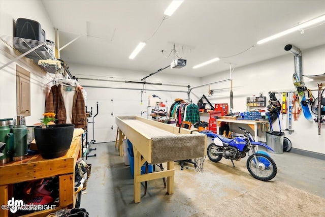 garage featuring a workshop area and a garage door opener